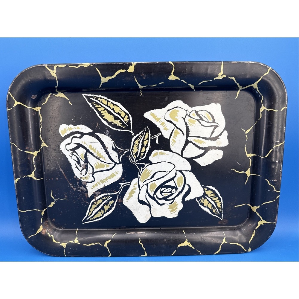 Vintage Black Metal Serving Tray - White Roses Gothic Whimsical 12.5" x 17.5"